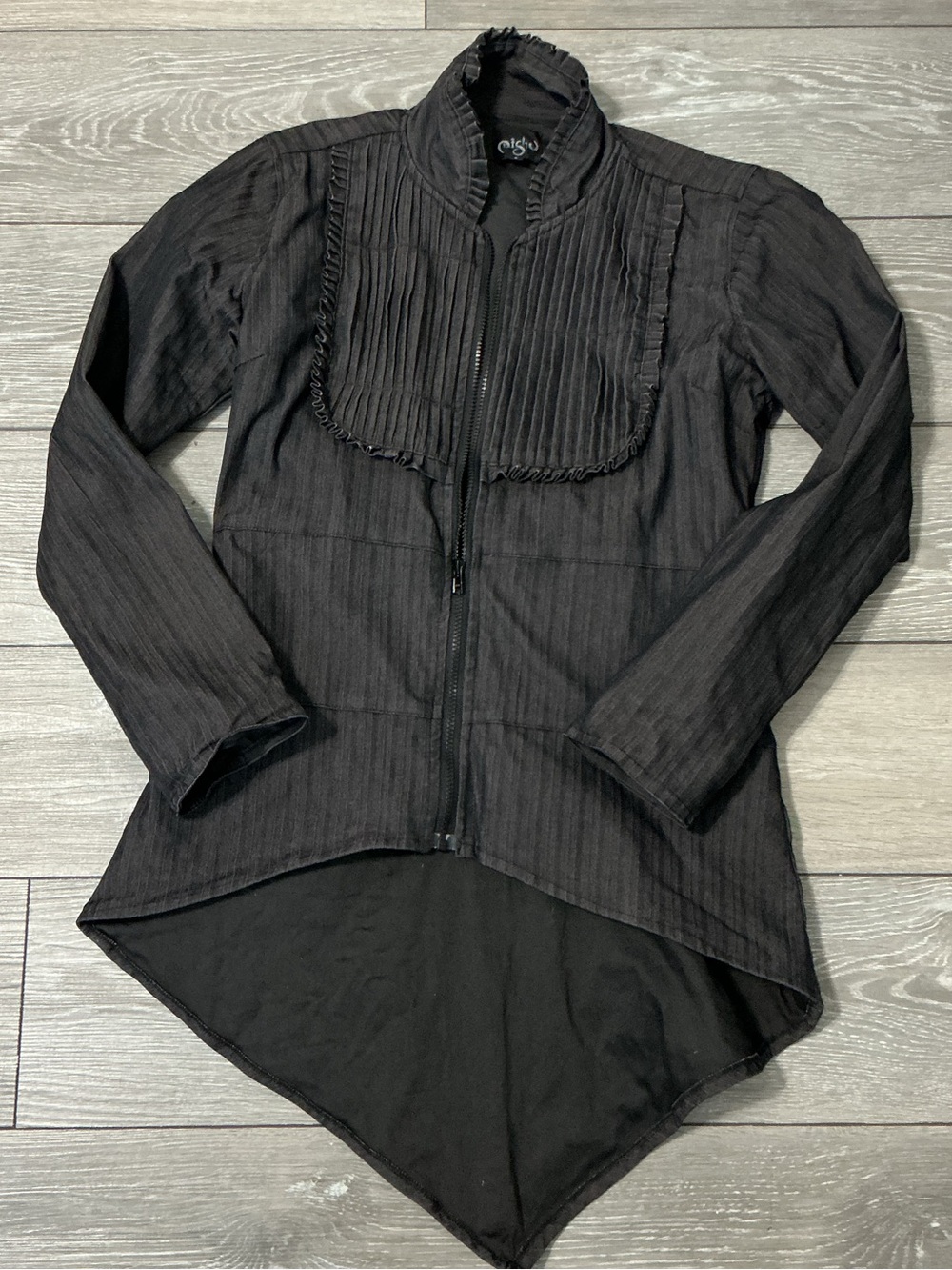 MISHU Gothic SteamPunk Asymmetrical Pin-tuck Pin Stripe Zip Up Ruffle Collar Top
